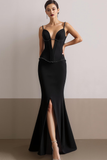 Black Spaghetti Straps Mermaid Long Evening Dress with Slit