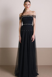 Black Tulle A Line Off the Shoulder Long Evening Dress