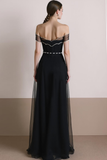 Black Tulle A Line Off the Shoulder Long Evening Dress