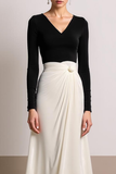 White Black A Line V-Neck Long Evening Dress with Sleeves