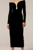 Black Off the Shoulder Velvet Sheath Long Formal Dress with Sleeves