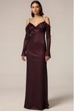 Brown Satin Sheath Long Formal Dress with Sleeves