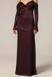 Brown Satin Sheath Long Formal Dress with Sleeves