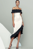 Black Sheath Satin Asymmetrical Evening Dress with Ruffles