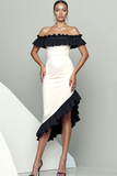 Black Sheath Satin Asymmetrical Evening Dress with Ruffles