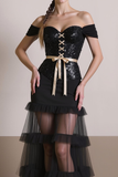 Sparkly Sequin Black Tiered Maxi Evening Dress with Tulle