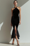 Black Halter Velvet Mermaid Long Formal Dress with Slit