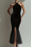 Black Halter Velvet Mermaid Long Formal Dress with Slit