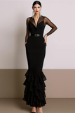 Black Chiffon Mermaid V-Neck Maxi Evening Dress with Sleeves