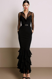 Black Chiffon Mermaid V-Neck Maxi Evening Dress with Sleeves