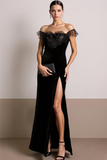 Black Velvet Off the Shoulder Maxi Formal Dress with Slit