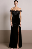 Black Velvet Off the Shoulder Maxi Formal Dress with Slit
