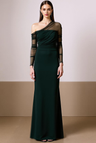 Black Asymmetrical Neck Chiffon Maxi Evening Dress with Sleeves