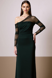 Black Asymmetrical Neck Chiffon Maxi Evening Dress with Sleeves