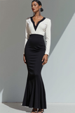 Black Satin Mermaid V-Neck Long Evening Dress with Sleeves