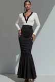 Black Satin Mermaid V-Neck Long Evening Dress with Sleeves