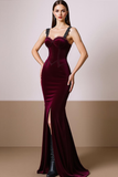 Cabernet Thick Straps Mermaid Velvet Maxi Formal Dress with Slit