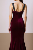 Cabernet Thick Straps Mermaid Velvet Maxi Formal Dress with Slit
