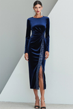 Sparkly Dark Blue Sheath Velvet Midi Formal Dress with Sleeves