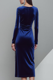 Sparkly Dark Blue Sheath Velvet Midi Formal Dress with Sleeves