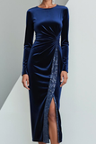 Sparkly Dark Blue Sheath Velvet Midi Formal Dress with Sleeves