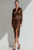 Burgundy Satin Neck Collar Sheath Midi Formal Dress with Sleeves