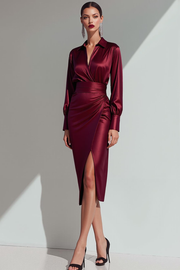 Burgundy Satin Neck Collar Sheath Midi Formal Dress with Sleeves