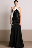 Sparkly Black White Sequin Halter A Line Maxi Evening Dress