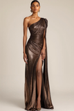Sparkly Brown One Shoulder Sequin Long Evening Dress with Side Cape
