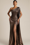 Sparkly Brown One Shoulder Sequin Long Evening Dress with Side Cape