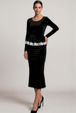 Black 2 Piece Velvet Round Neck Maxi Formal Dress with Sleeves