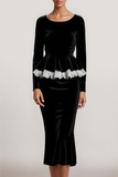 Black 2 Piece Velvet Round Neck Maxi Formal Dress with Sleeves