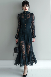 Black Lace High Neck A Line Long Evening Dress with Sleeves