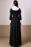 Black White Chiffon Sheath Ruffled Maxi Evening Dress with Sleeves