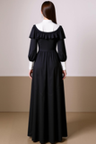 Black White Chiffon Sheath Ruffled Maxi Evening Dress with Sleeves