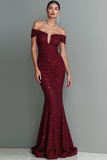 Sparkly Cabernet Sequin Mermaid Off the Shoulder Maxi Gala Dress