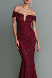 Sparkly Cabernet Sequin Mermaid Off the Shoulder Maxi Gala Dress