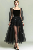 Glitter Black Square Neck Tulle A Line Maxi Evening Dress with Sleeves