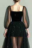 Glitter Black Square Neck Tulle A Line Maxi Evening Dress with Sleeves