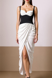 White Black Drape Sheath Maxi Evening Dress with Slit