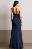 Navy Strapless Drape A Line Maxi Evening Dress