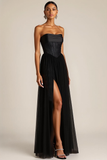 Black Corset Strapless Chiffon A Line Long Evening Dress with Slit