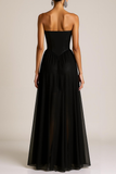 Black Corset Strapless Chiffon A Line Long Evening Dress with Slit