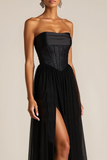 Black Corset Strapless Chiffon A Line Long Evening Dress with Slit
