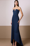 Navy Strapless Pleated High Low Evening Dress