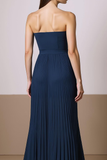 Navy Strapless Pleated High Low Evening Dress