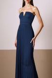 Navy Strapless Pleated High Low Evening Dress