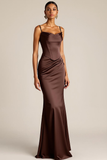Brown Mermaid Satin Corset Ruched Maxi Formal Dress