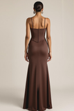 Brown Mermaid Satin Corset Ruched Maxi Formal Dress