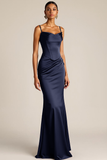 Brown Mermaid Satin Corset Ruched Maxi Formal Dress